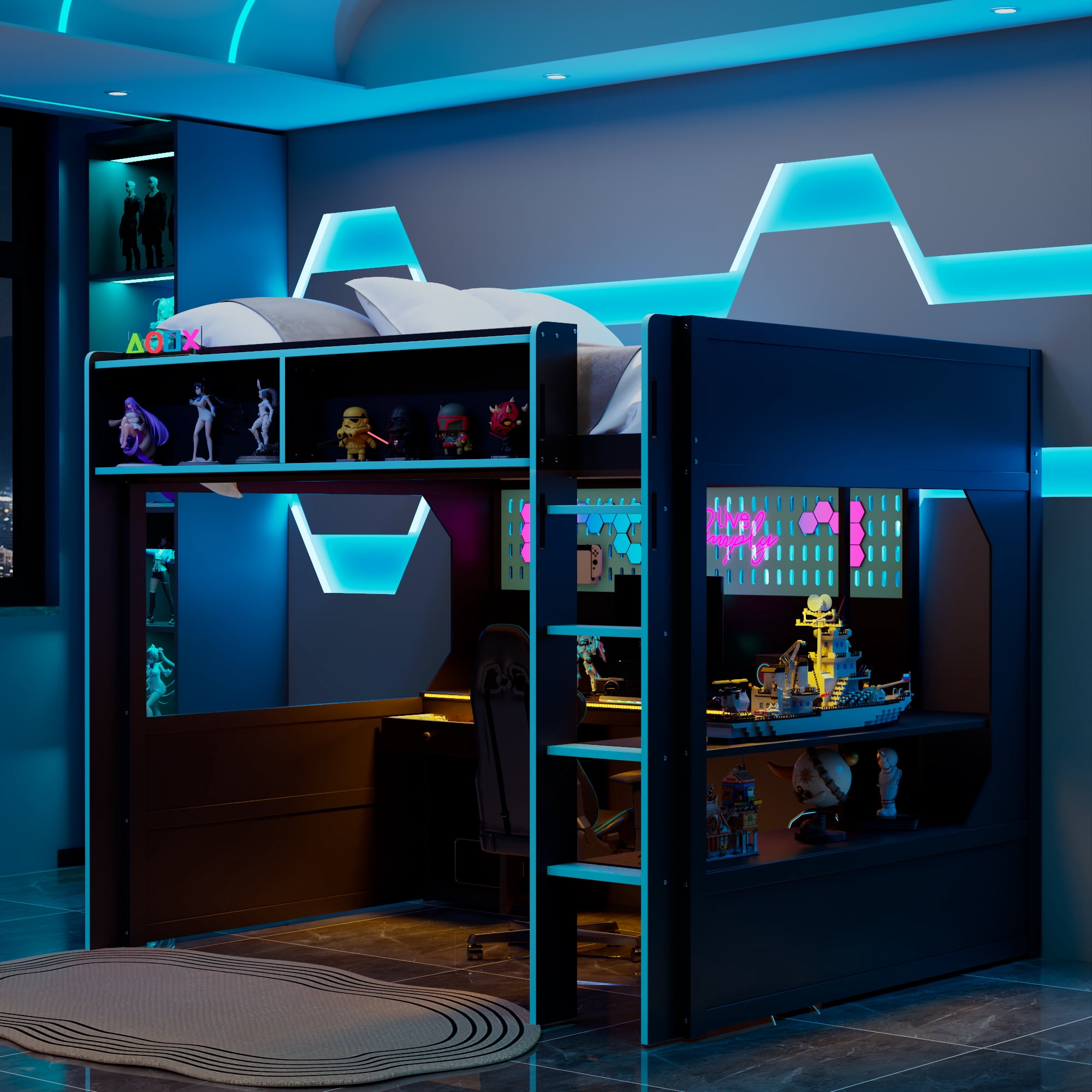 Mintazer Full Size Gaming Loft Bed with Desk & LED Lights, Modern Bed Frame with Storage Shelves & Pegboard and Charging Station for Dorm Bedroom Apartment, Black & Blue