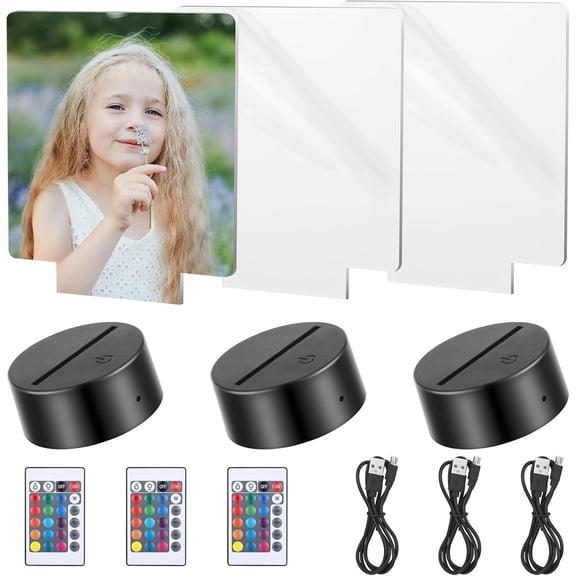 3 Pieces Sublimation 3D Night LED Light Lamp Base with 3 Pcs Clear Acrylic Sheet LED Lamp Display Base Set 16 Colors 4 Modes Remote Control and USB