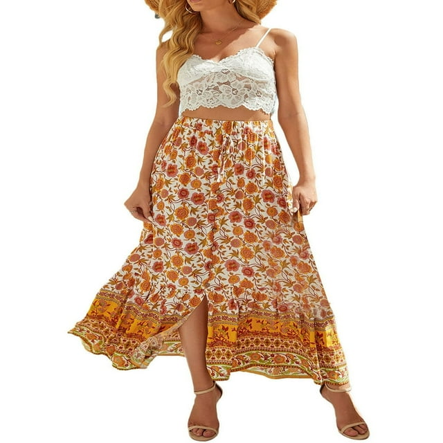 Womens Summer Boho Floral High Waist A-Line Skirt Ruffle Beach Midi Maxi Skirt