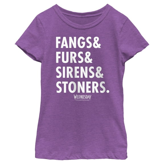 Girl's Wednesday Fangs & Furs & Sirens & Stoners Graphic Tee Purple Berry X Small