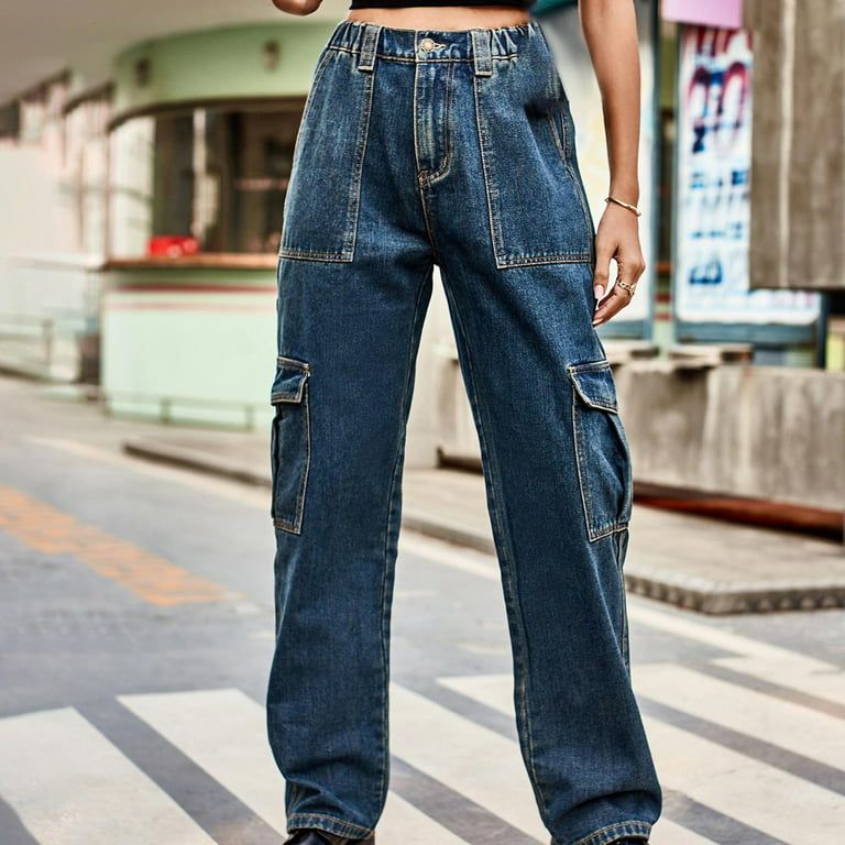 Mrat Women's Baggy Cargo Jeans High Waist Elastic Wide Leg Palazzo