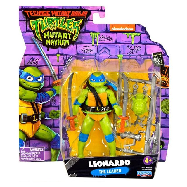 playmates de juguete, tortugas ninja mutantes adolescentes originales, mutantes mayhem, figuras de acción de 4,5 pulgadas, juguete de colección de regalo, hobby Leonardo en empaquetado blister frontal; figura de 4.5 pulgadas en plástico con máscara azul, caparazón amarillo-verde y correaje negro en el torso, incluye dos katanas y un soporte con armas y accesorios en bandeja de plástico transparente; esculpido con detalles individuales y articulaciones visibles para posado; tarjeta de fondo morada con logo TMNT y nombre 'LEONARDO'; paquete original indicado y recomendado para coleccionistas 14+ y 18+. Suele usarse para exhibición en vitrinas o dioramas.