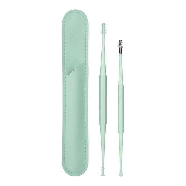Visland Silicone Earwax Remover Set Stainless Steel Ear Picks Double-Head Spiral Brush Head Portable Ear Cleaner with Long Handle Faux Leather Case