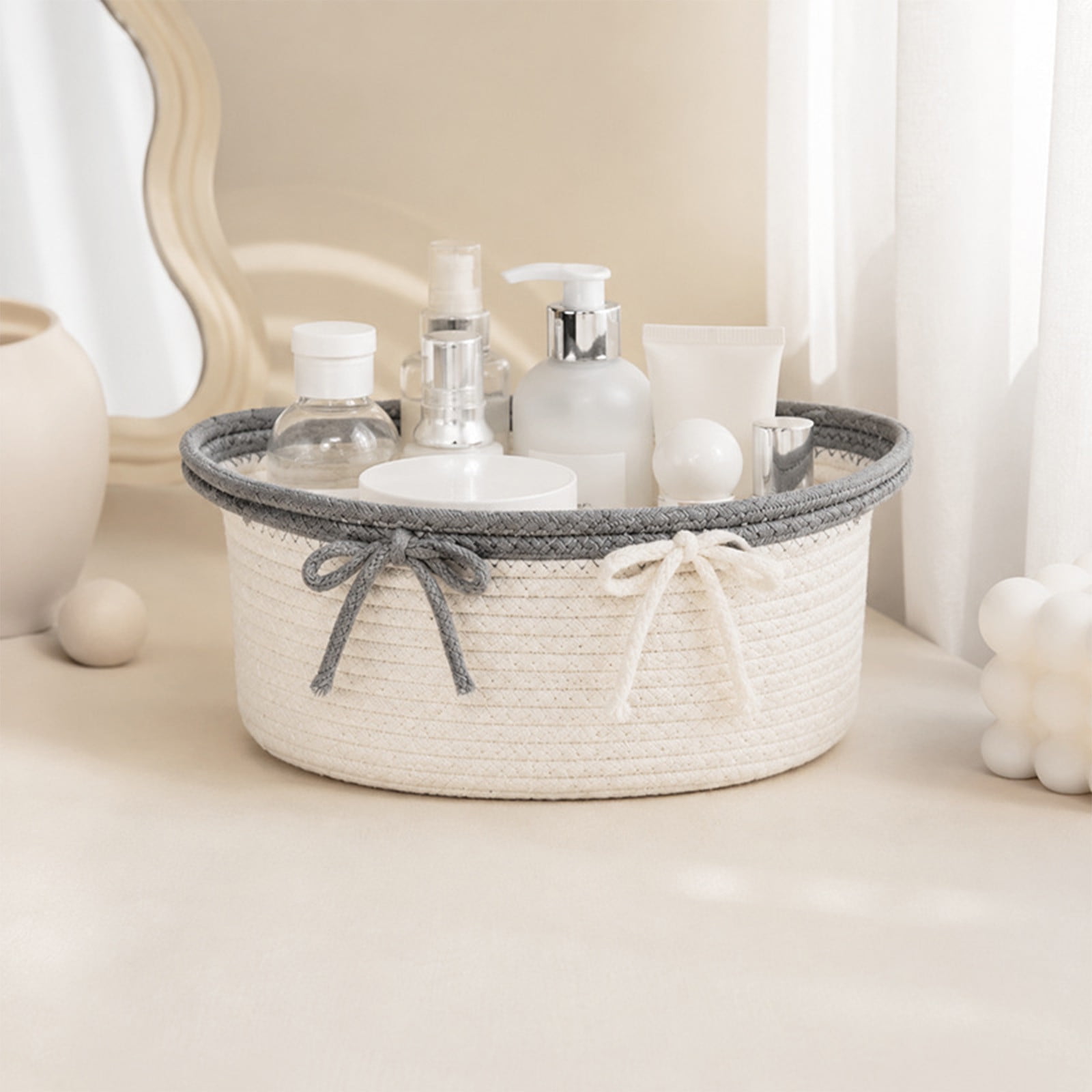 Cotton Rope Woven Cosmetic Storage Basket Bow Shaped Clutter Organizer for Bedroom and Desktop Breathable Foldable Bin for Children and Home Decorative Storage Basket for Sundries