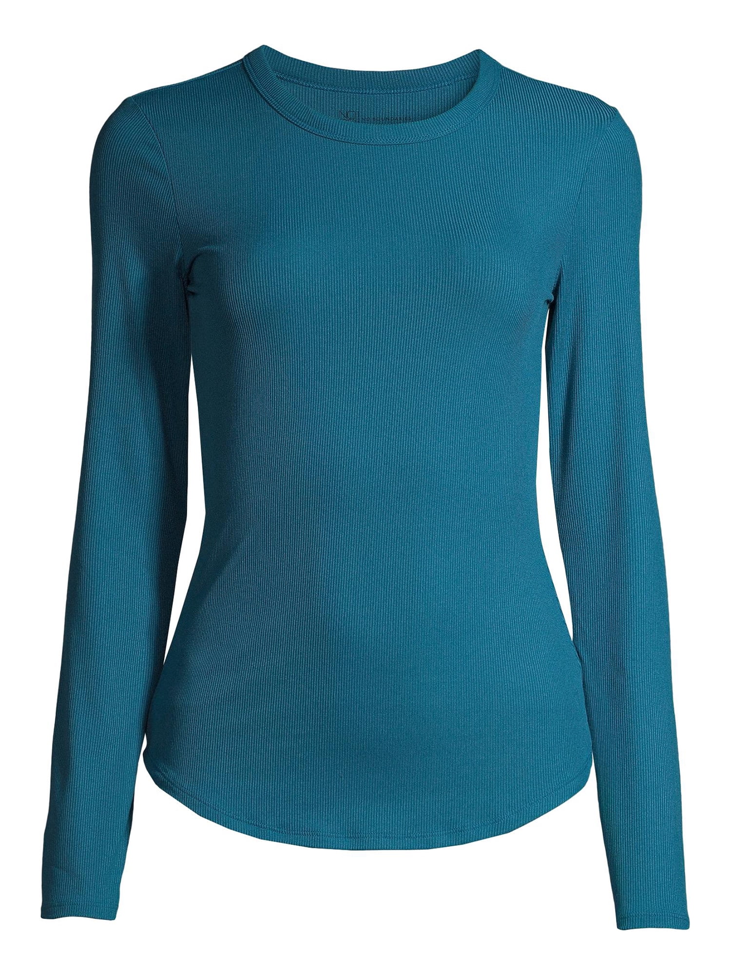 No Boundaries Ribbed Crewneck Tee with Long Sleeves, Women's