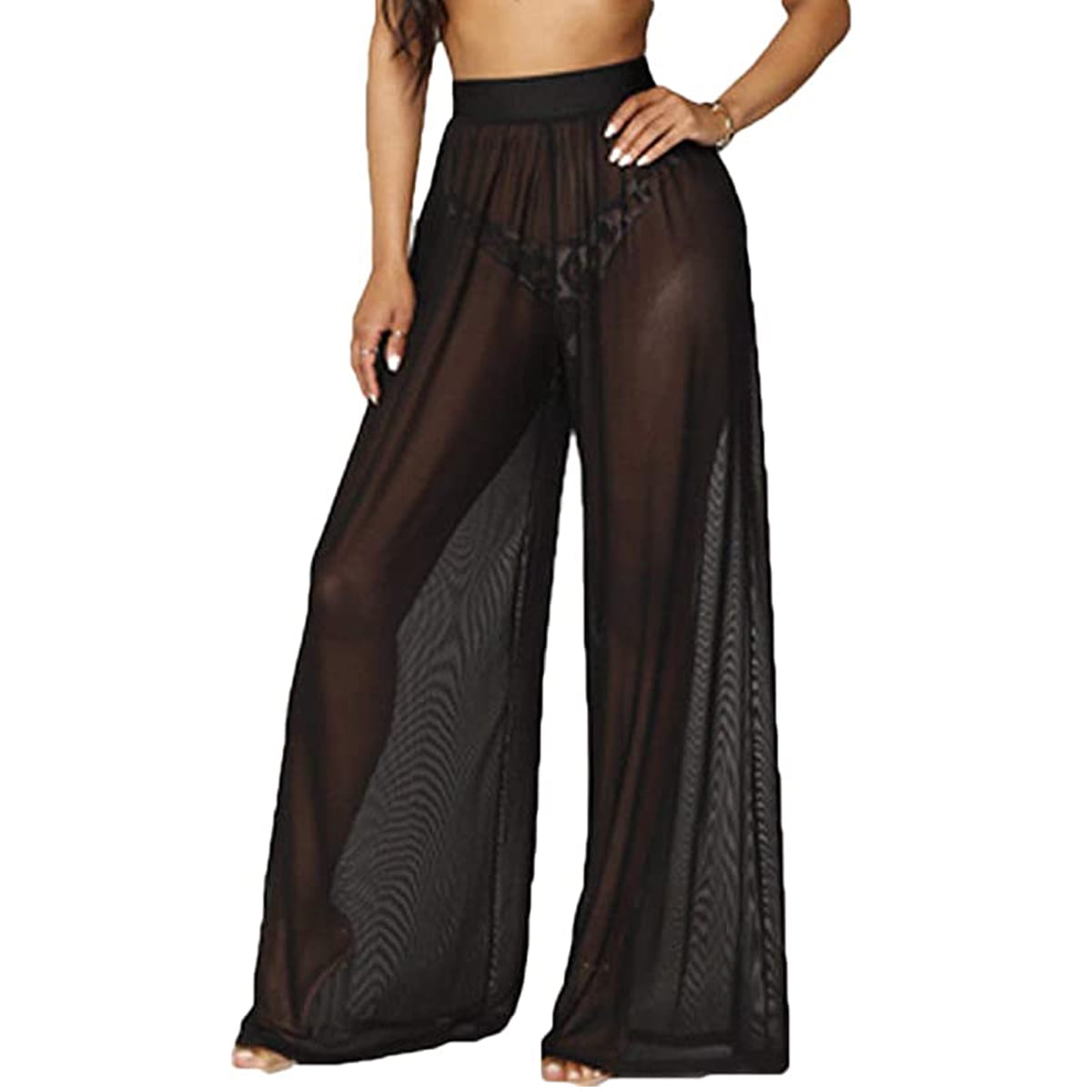 FOCUSNORM Women's See Throug Mesh Flare Cover up Pants Swimsuit Bikini