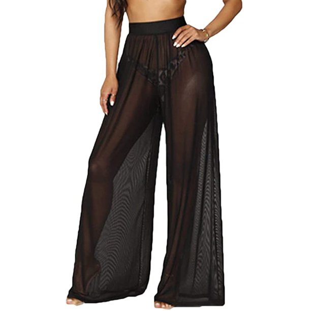 FOCUSNORM FOCUSNORM Women's See Throug Mesh Flare Cover up Pants