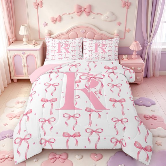 Manfei Pink Bowtie Full Size Comforter Sets,Initial Alphabet R Bedding Comforter Set,Pink Reversible,3 Pieces,1 Comforter and 2 Pillowcases