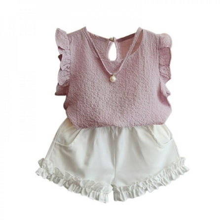 

Baby Clothes for Girl Summer Girls Children Fashion Casual Pearl Sleeveless Chiffon Blouse + Shorts Suits Kids Clothes 2pc Clothing Sets