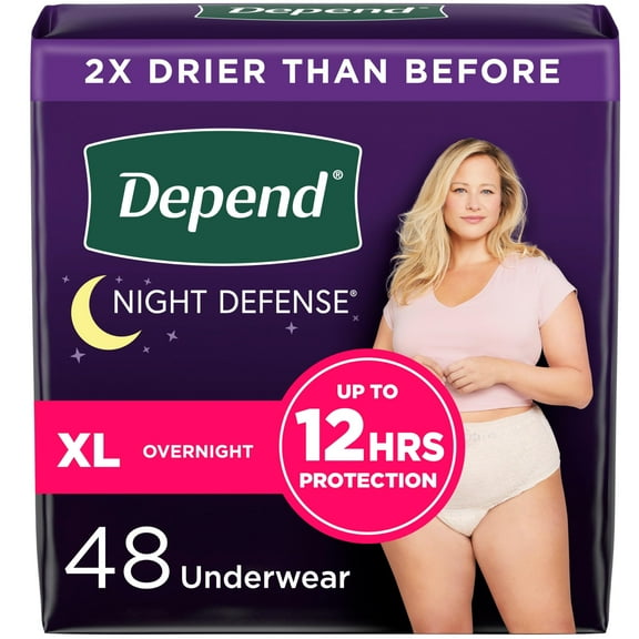 Depend Night Defense Adult Incontinence & Postpartum Bladder Leak Underwear for Women, Disposable, Overnight, Extra-Large, Blush, 48 Count (4 Packs of 12), Packaging May Vary