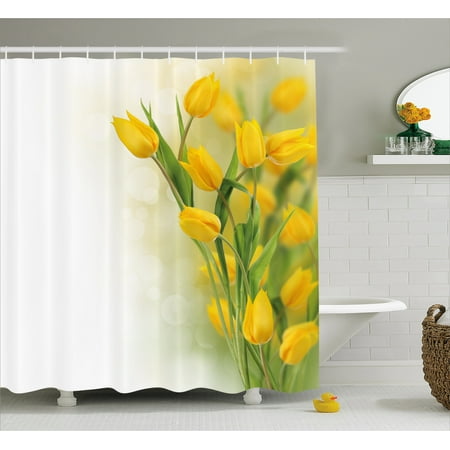 Famous Flower - Yellow Flower Shower Curtain, Romantic Tulip Bouquet Famous Plant of Netherlands Botanical Theme, Fabric Bathroom Set with Hooks, 69W X 70L Inches, Mustard Fern Green, by Ambesonne
