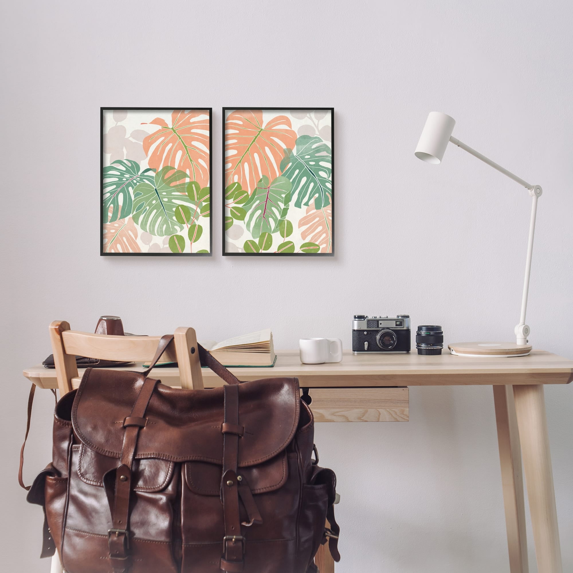 Stupell Industries Tropical Monstera Palm Leaves Green Orange Grey Framed, 11 x 14, Design by June Erica Vess