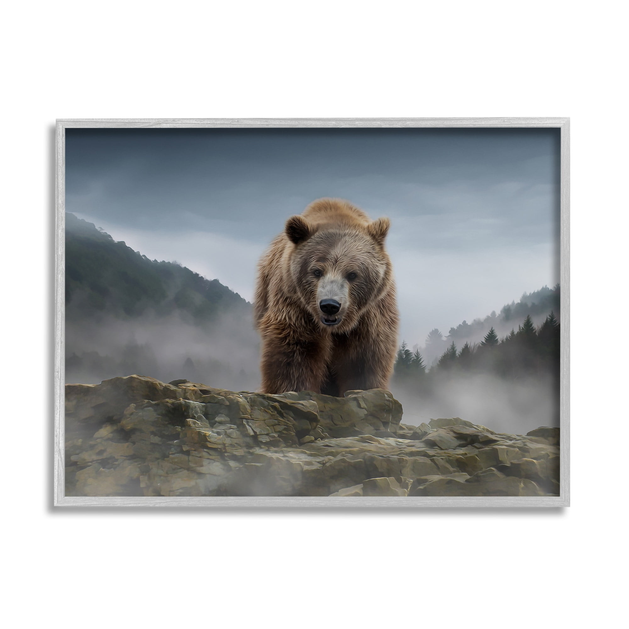 Stupell Industries Roaring Brown Grizzly Bear Rocky Mountain Top View Graphic Art Gray Framed Art Print Wall Art, Design by Kelley Parker