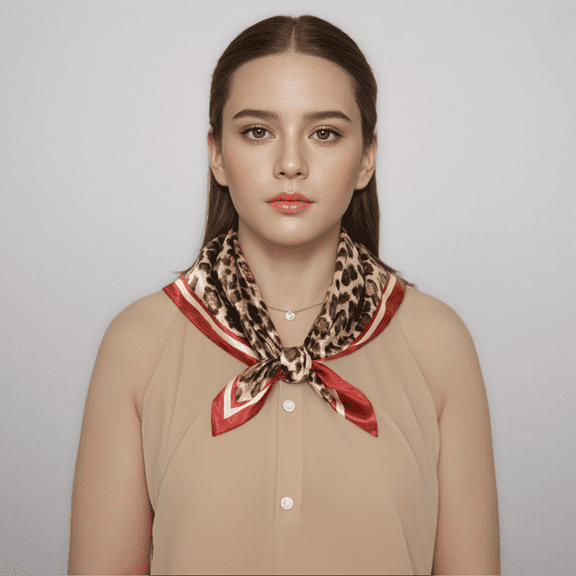 Women's Leopard Print Square Scarf with Contrast Border Satin Feel Lightweight Neck Accessory - Red