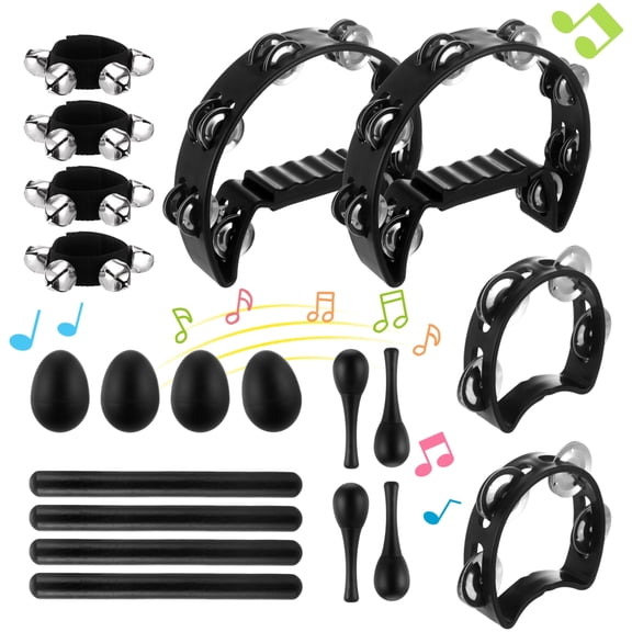 20 Pcs Musical Percussion Instrument Set with Large Tambourine, 4-Bell Tambourine, Maracas, Egg Shakers, Percussion sticks, and Wrist Jingle Bells, Black Plastic Instrument for Bar, Party, Stage