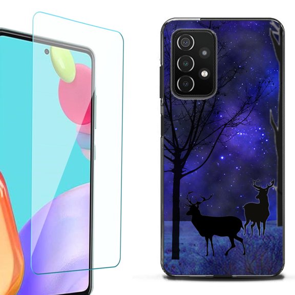 Slim-Fit Flexible TPU Gel Phone Case (black) for Samsung Galaxy A52 5G, with Tempered Glass Screen Protector, by OneToughShield ® - Midnight Forest