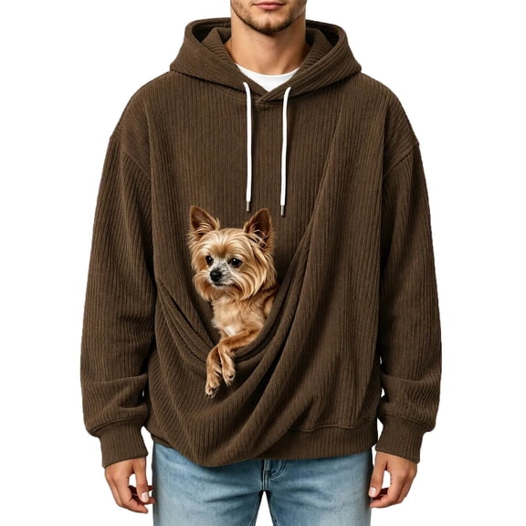 Men's Corduroy Hoodie Pet Pouch Dog Cat Carrier Casual Loose Sweatshirt Long Sleeve Hooded Pullover Top (2XL, Brown)