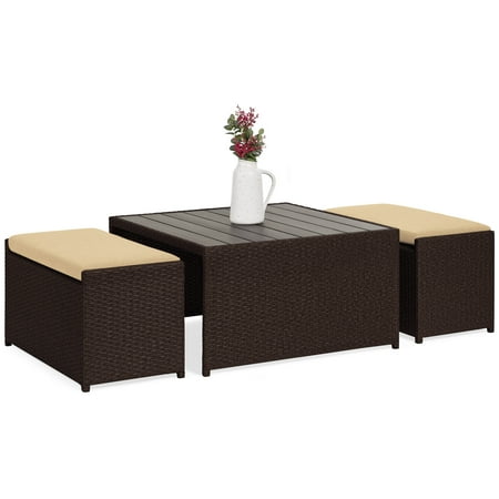 Outdoor Furniture Modena Best Choice Products 3-Piece Outdoor Modern Wicker Coffee Table Conversation Furniture Set for Patio, Porch w/ Wood Tabletop, 2 Ottoman Benches, Cushioned Seating, Brown ()
