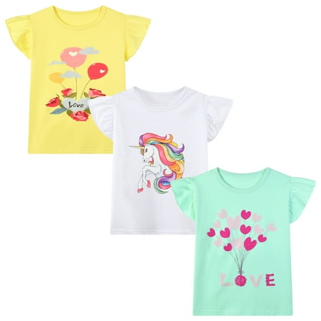 HILEELANG Little Girls' Short Sleeve Tee Shirt Cotton Casual Crewneck Unicorn Flowers Graphic Tops T-Shirts Black White Green 3 Packs Sets 12Years
