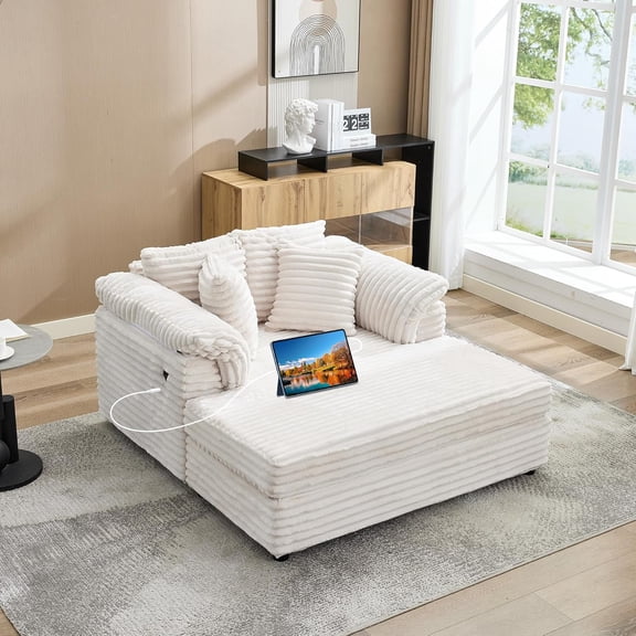 Oversized Chaise Lounge Chair Indoor Upholstered Sofa Bed with Throw Pillows and Armrests Comfy Corduroy Sleeper Couch with Cup Holders and Charging Port for Living Room Bedroom 60 Inch Wide White