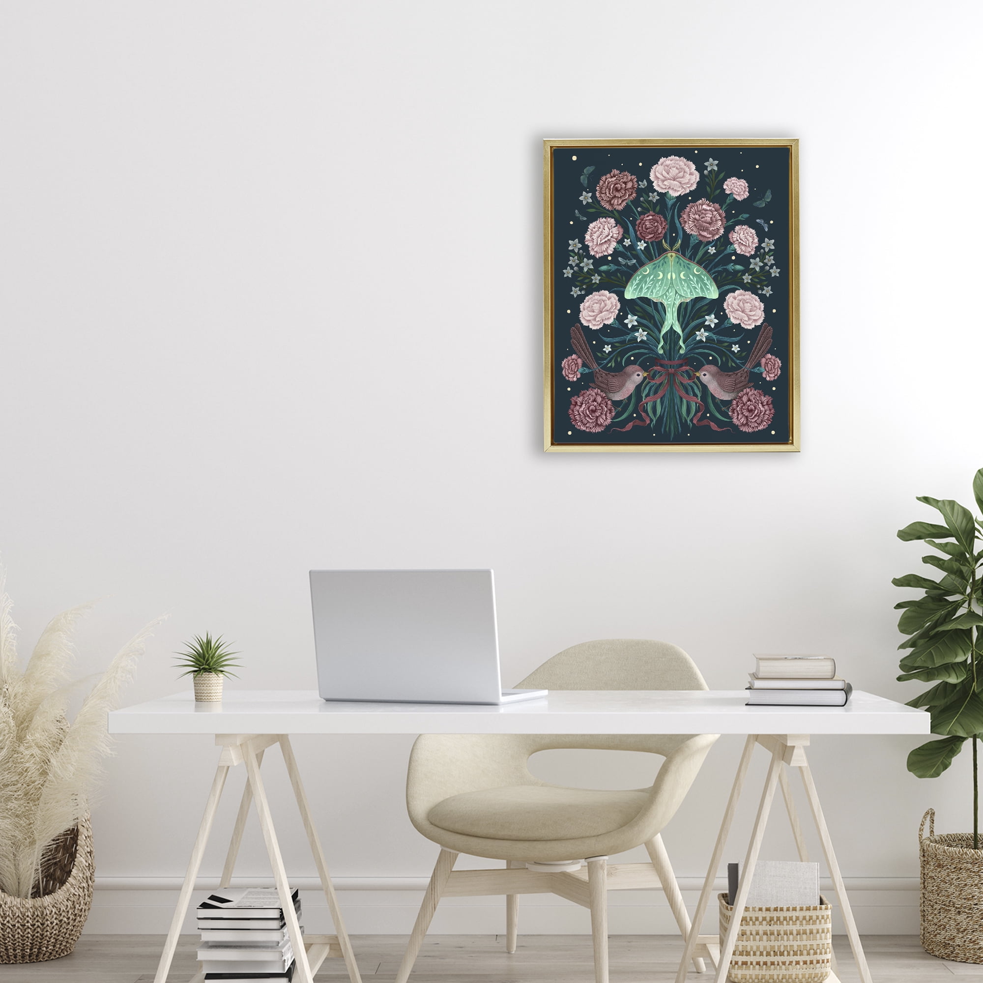 Stupell Industries January Carnations & Moth Gold Framed Floater Canvas Wall Art, design by Episodic Drawings