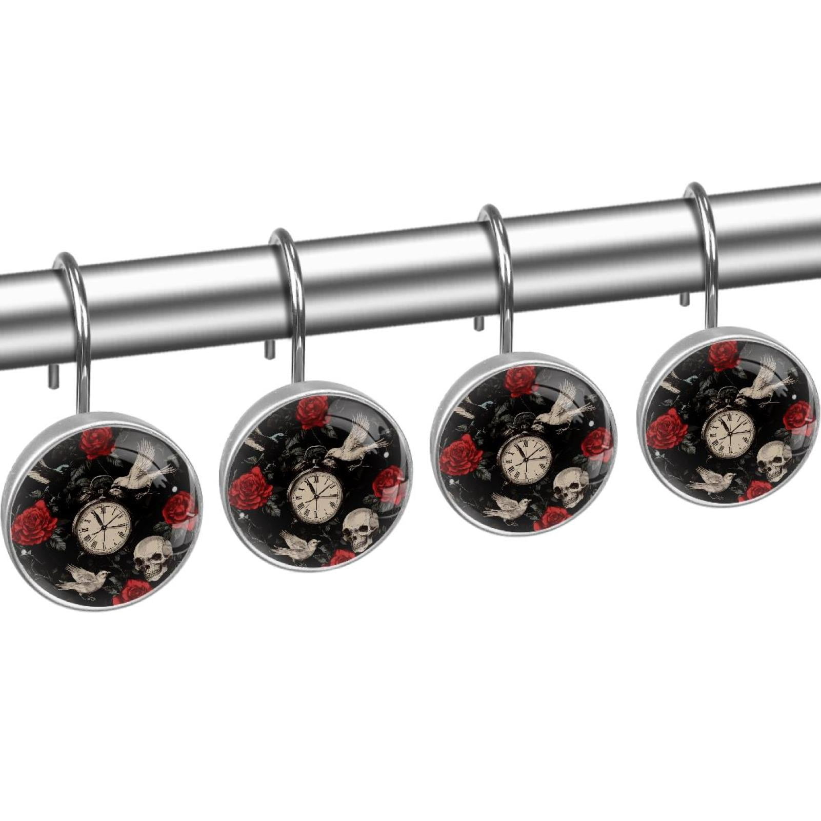 Red Roses Skulls Vintage Clock Shower Curtain Hooks Round Crystal Glass, Set of 12 Shower Curtain Rings - Shower Hooks for Curtain Shower Rings