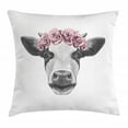 thumbnail image 1 of Farm Animal Throw Pillow Cushion Cover, Sketchy Portrait of Sweet Cow with Roses Wreath, Decorative Square Accent Pillow Case, 24" X 24", Dark Grey Pale Grey Dried Rose Pale Rose, by Ambesonne, 1 of 2