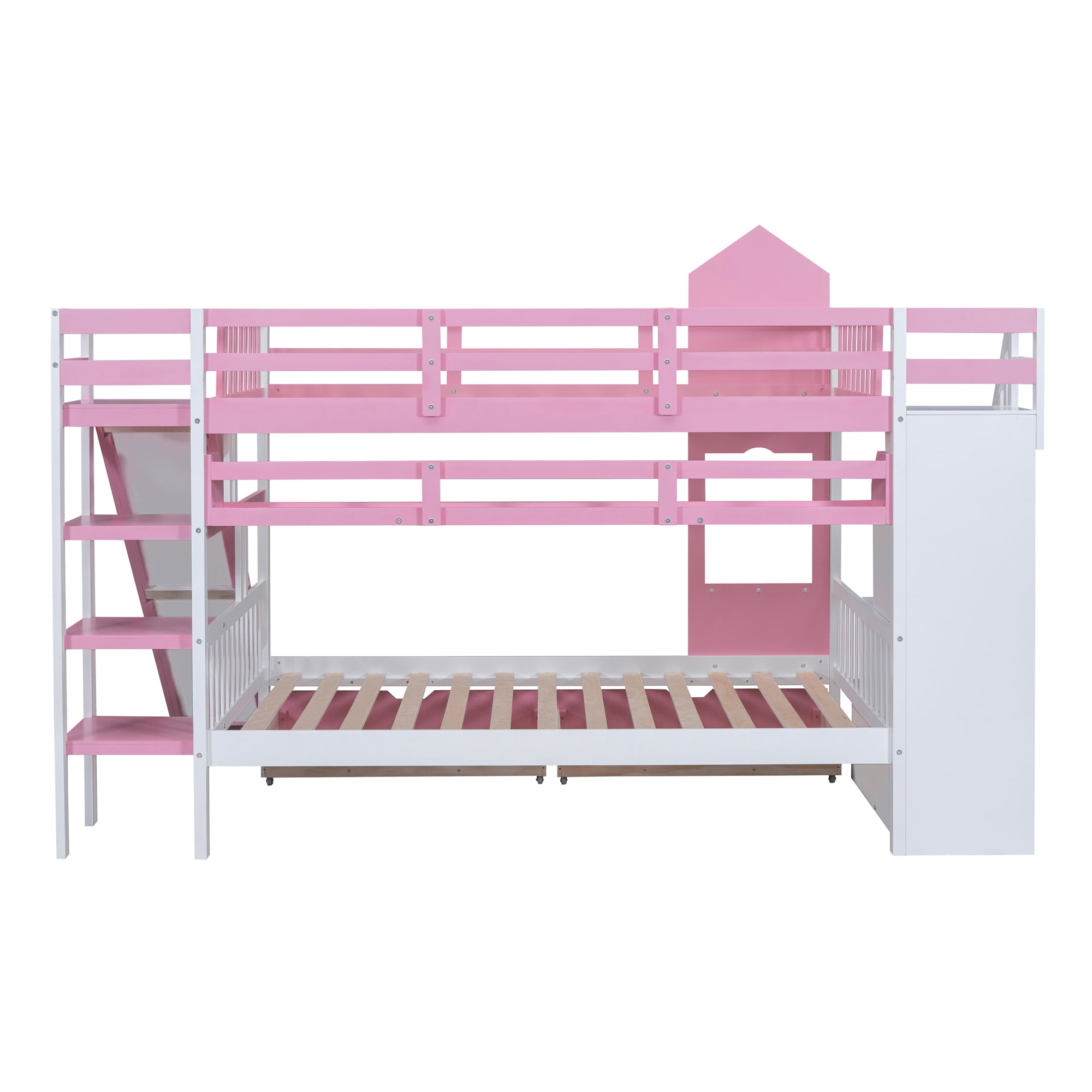Full over Full Bunk Bed for Kids, Castle Style Bunk Beds with 2 Drawers, Slide and Storage Shelves, Solid Wood Bunk Bed Frame for Kids Girls Boys Teens