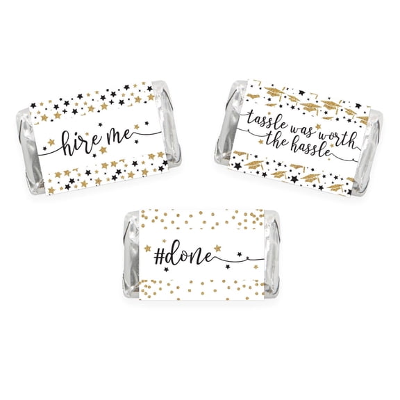 White and Gold Glittering Graduation, Chocolate Minis Labels, Fits Hershey's Miniatures Party Favors, 36-pack