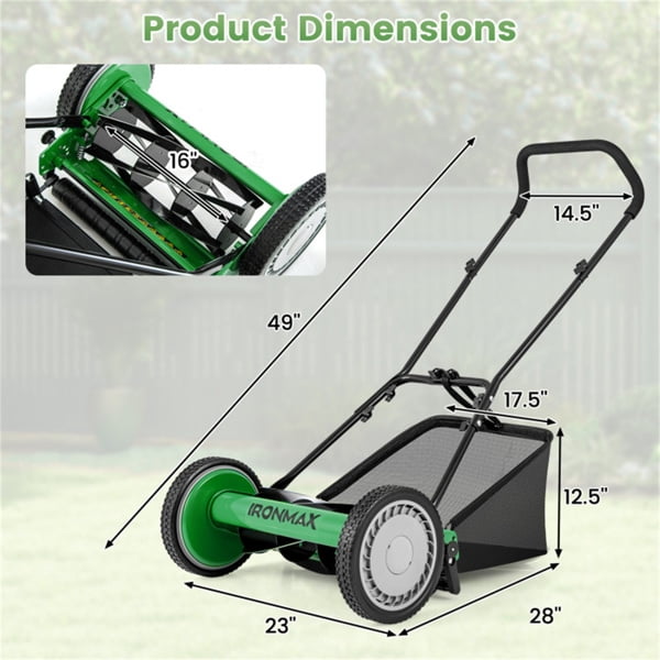 imerelez Manual Lawn Mower, 16 Inch 5-Blade Cordless Manual Reel Lawn Mower with Grass Catcher Bag, Adjustable Cutting Height 1.34-2.52 in, Walk-Behind Lawn Mowers for Yard Garden