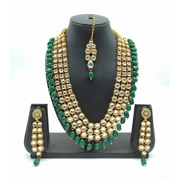 Emerald Green Kundan Bridal Jewelry Set – Traditional Layered Necklace with Earrings & Maang Tikka
