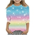thumbnail image 2 of JTSRKL Kids Girls Summer Sparkly Tops Dressy Casual Summer 3/4 Sleeve Round Neck Graphic Tunic Blouse Trendy Soft Cotton Outfit Glitter Tees Shirt Multicolor#19 3-4 Years, 2 of 6