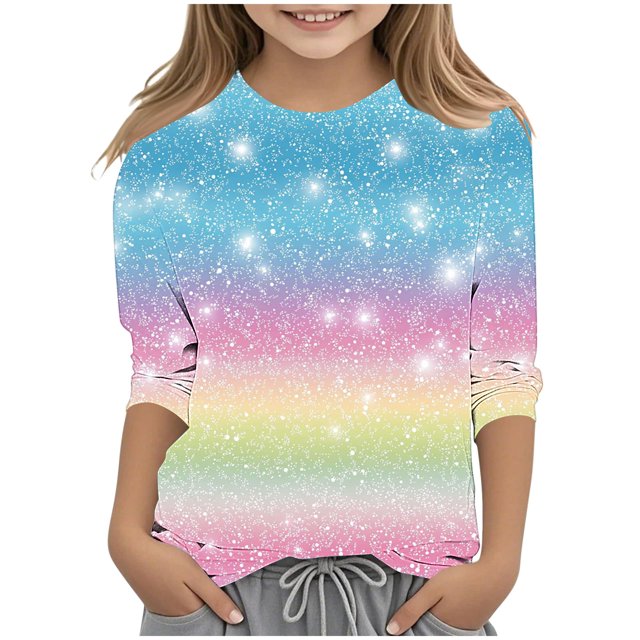 lcziwo Chemises à Manches 3/4 pour Filles 2025 Mode Paillettes Graphique Imprimé Pailleté Hauts de Fête Automne Décontracté Col Rond Chandail Blouse Multicolore Cadeaux pour Maman