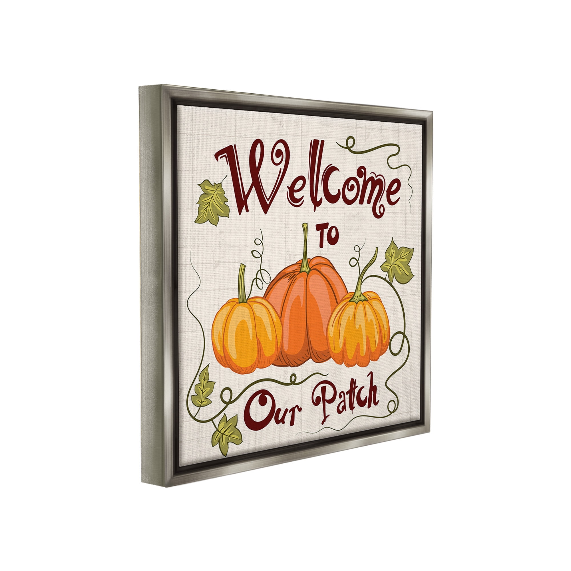 Stupell Industries Pumpkin Patch Welcome Holiday Painting Gray Floater Framed Canvas Art Print Wall Art, 18 x 18