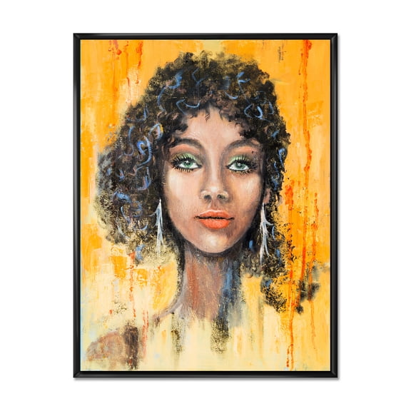 Designart 'Girl Face With Green Eyes & Black Hair Impression' Modern Framed Canvas Wall Art Print