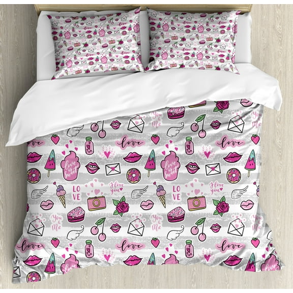 Emoji King Size Duvet Cover Set, Memphis Style Doodle Lip Star Strawberry Speech Bubble on Stripe Pattern, Decorative 3 Piece Bedding Set with 2 Pillow Shams, Pale Grey White Magenta, by Ambesonne