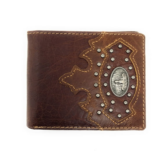 Western Cowboy Genuine Leather Metal Tooled Longhorn Mens Bifold Short Wallet