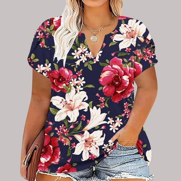 Plus Size Tops for Women Summer Petal Sleeve V Neck Dressy Casual T Shirts  Trendy Print Loose Tunic Tops Blouses 