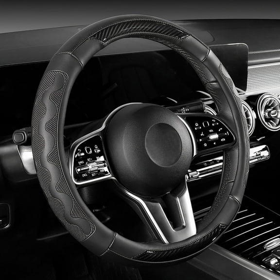 Car Steering Wheel Cover Medium Size 14 1/2"-15" Embossed Microfiber Leather with Carbon Fiber Pattern Black