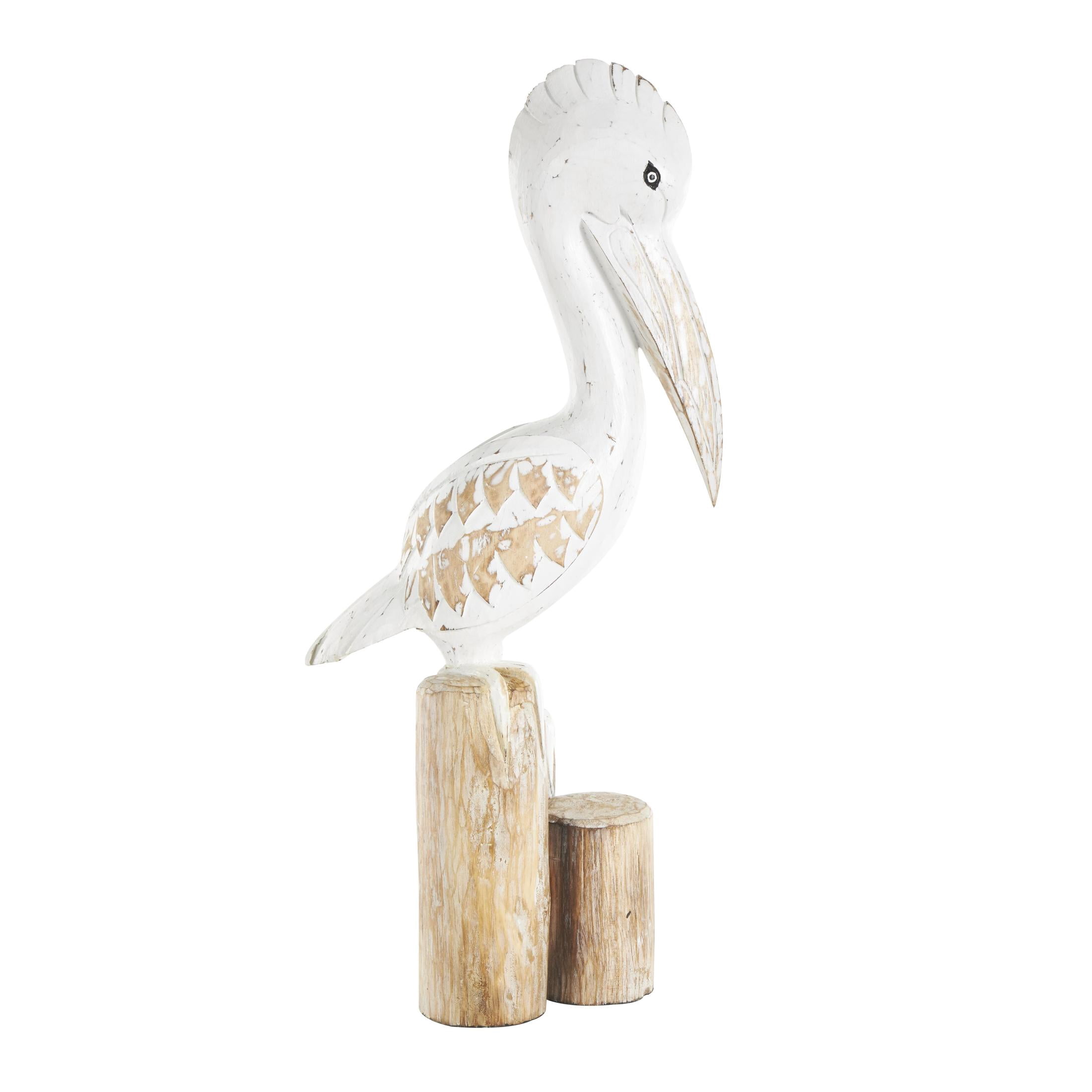 7" x 24" White Wood Handmade Distressed Pelican Sculpture with 3 Brown Posts, by DecMode