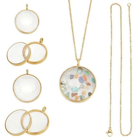 Real 18K Gold Plated Memory Locket Charm Stainless Steel Flat Round DIY Picture Photo Necklace Making Kit Locket Pendants Glass Floating Charm for Jewelry Making