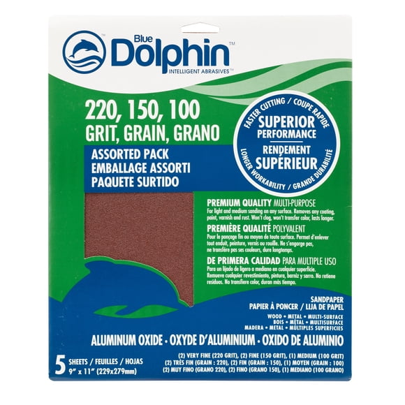 Blue Dolphin Aluminum-Oxide Sandpaper Assorted Grits 9" x 11" Sheet (5 pack)