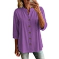 thumbnail image 2 of HongQid Womens Linen Blend Button Down Tunic Ladies Mandarin Neck Pleated Bust 3/4 Sleeve Blouse Casual Shirts, 2 of 7