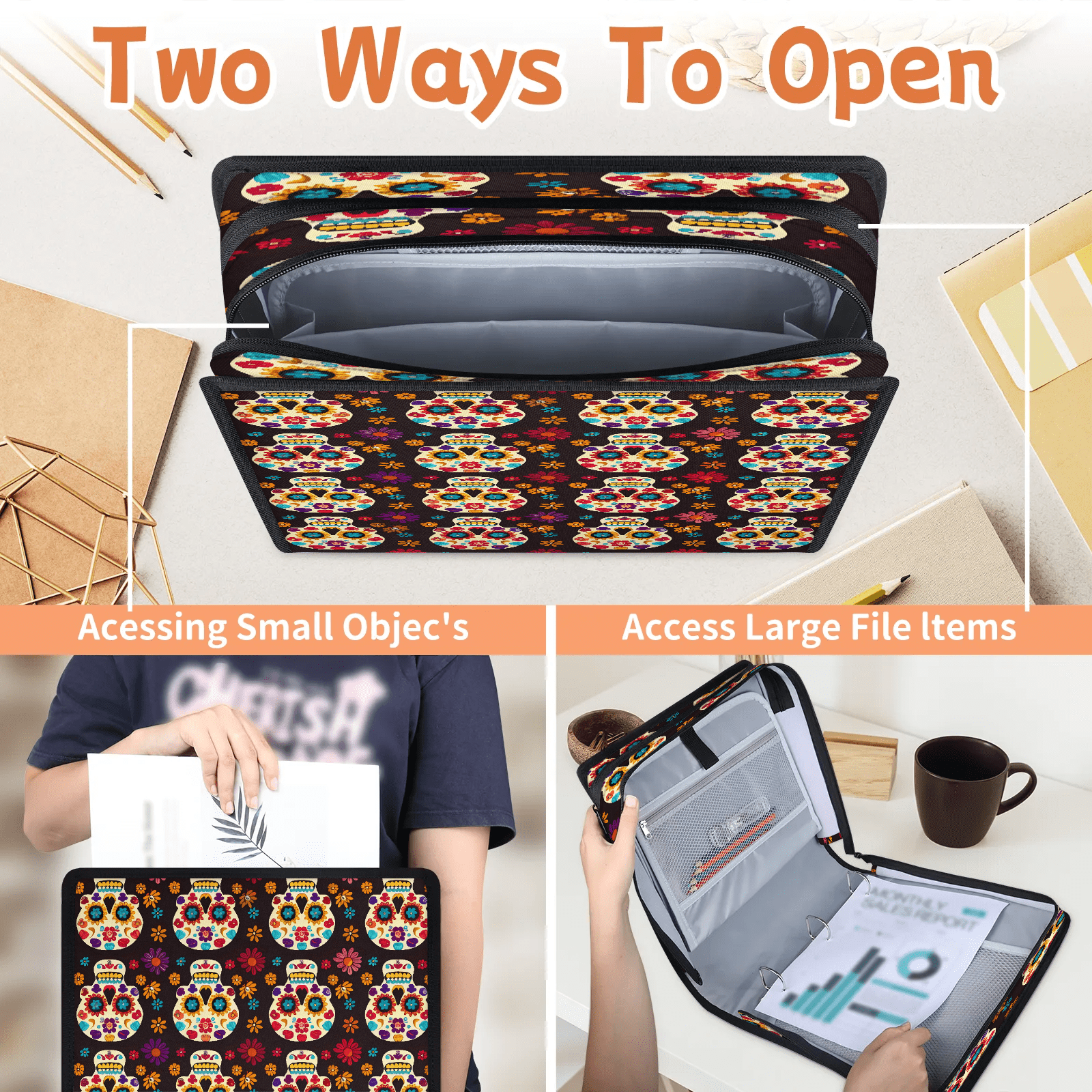 Herdesigns Sugar Skull Day Of The Dead Halloween Zipper Binder with Shoulder Strap, Waterproof 1.5 Inch 3 D-Ring Binder Organizer Bag, Fits 13 Inch Laptop for Work, Skull