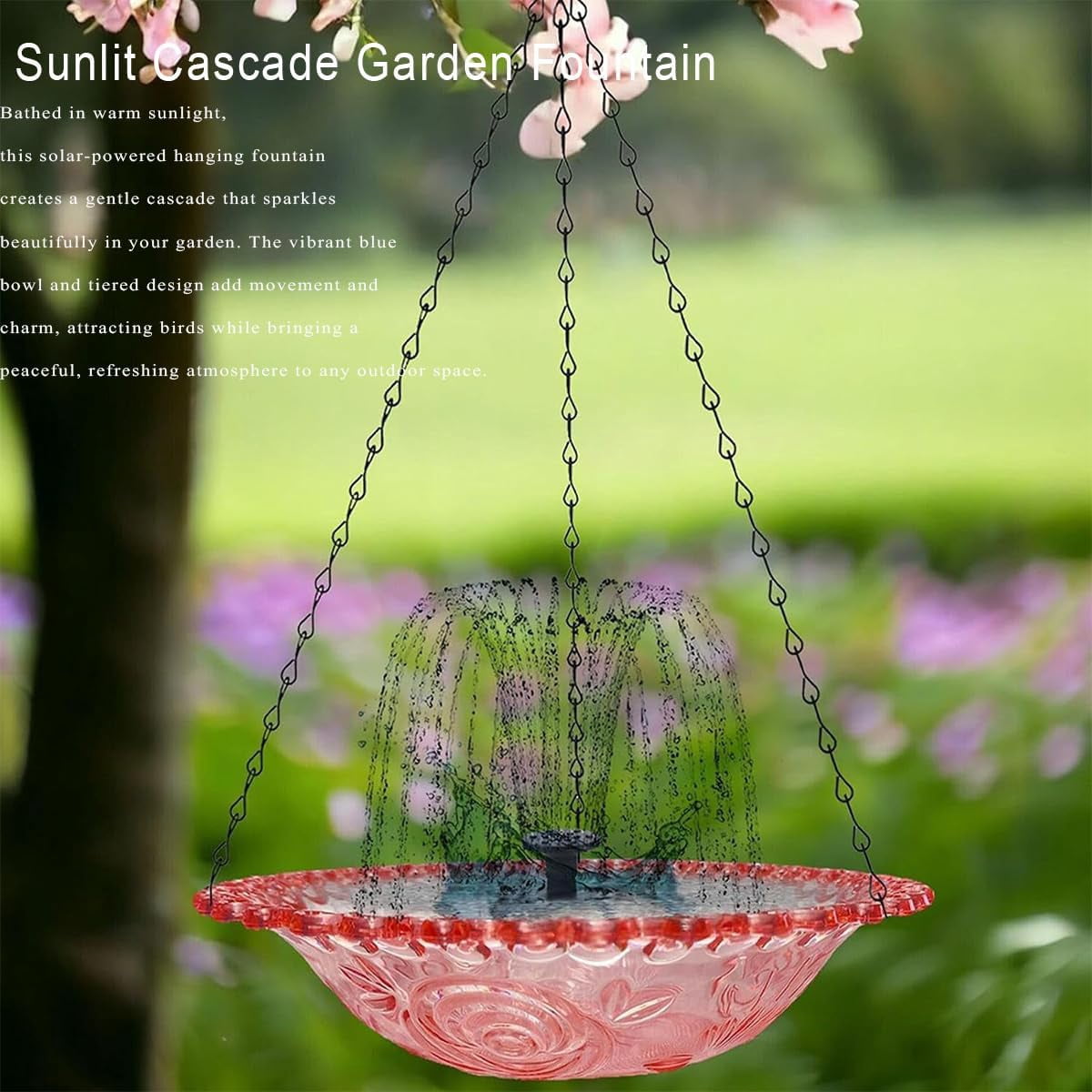 Solar Cascade Hanging Bird Bath Fountain, Outdoor Bathable Bird Feeder, No Wiring or Power Required, Attract Wild Birds & Hummingbirds, for Outdoor Garden, Terrace Decoration