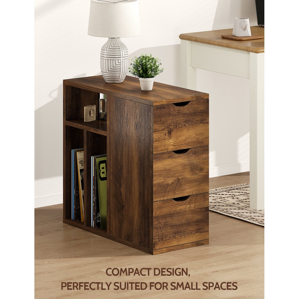 Vividwood Narrow End Table with 3 Drawers and Storage Shelves for Living Room, Bedroom, Brown