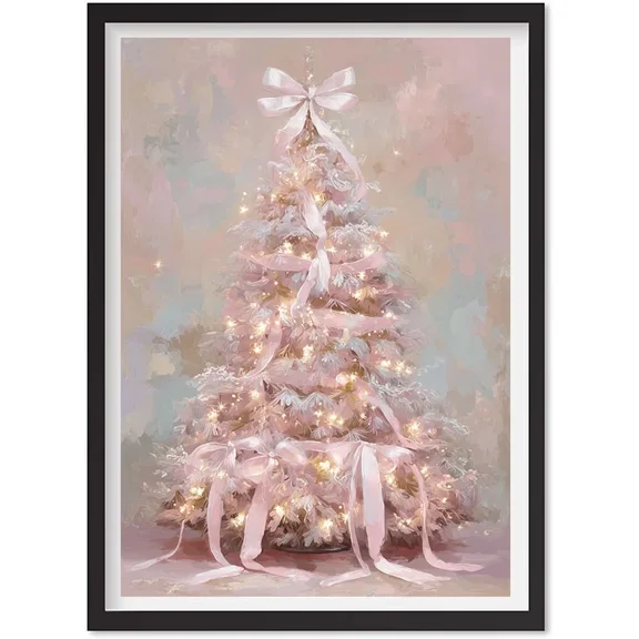 Whimsical Christmas Wall Art | Pink Christmas Tree With Ribbons And Sparkling, Matte Canvas Stretched, Posters for Room Bedroom Living Room Bathroom Wall Decor, Posters & Art Prints, Gift.