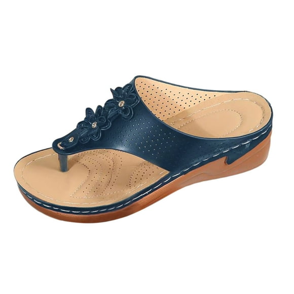 XIAQUJ Ladies Summer Vintage Wedge Beach Slippers with Toe Platform Flower Decoration Plus Size Arch Sole Sandal Slippers Sandals for Women 2024 Navy 7
