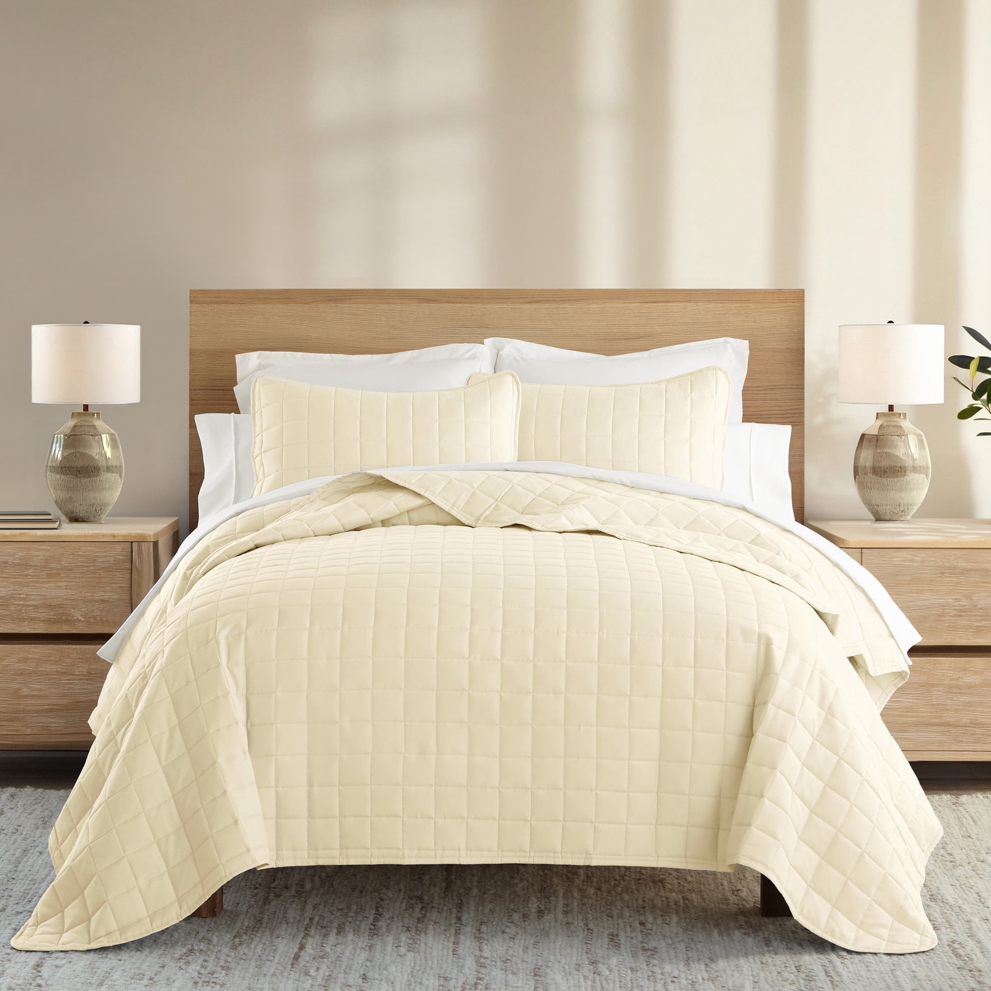 Noble Linens Yellow Square Pattern Quilted Coverlet Set, Full/Queen