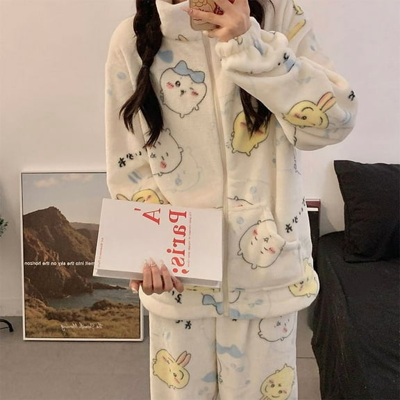 Anime Chiikawa Flannel Pajamas Y2K Suit Casual Long Sleeved Pants Two-Piece Set Home Clothing Velvet Set